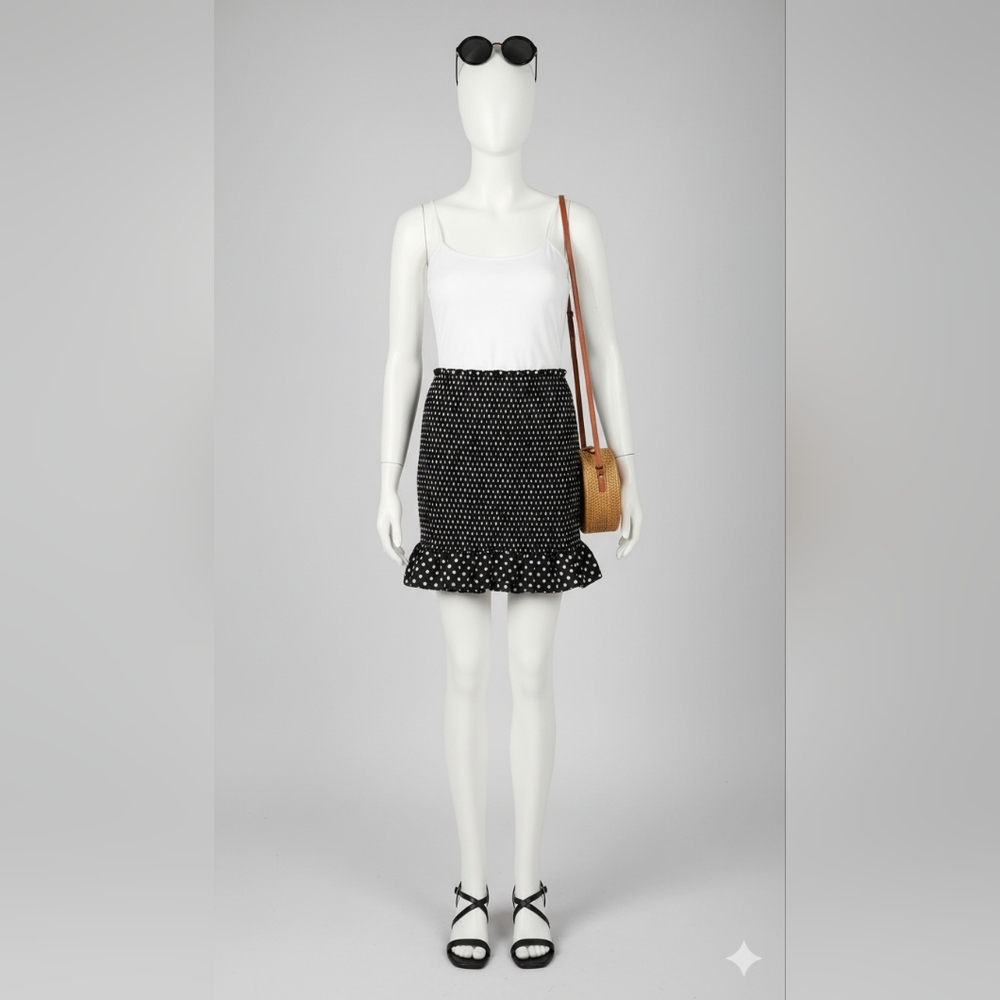 Revamped black and white polka dot smocking mini Skirt
